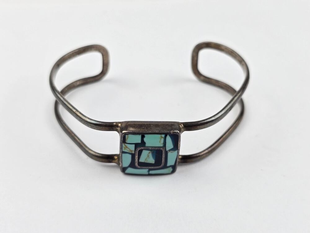 Vintage Sterling silver 925 Mexico Inlay Turquoise Cuff bracelet open band